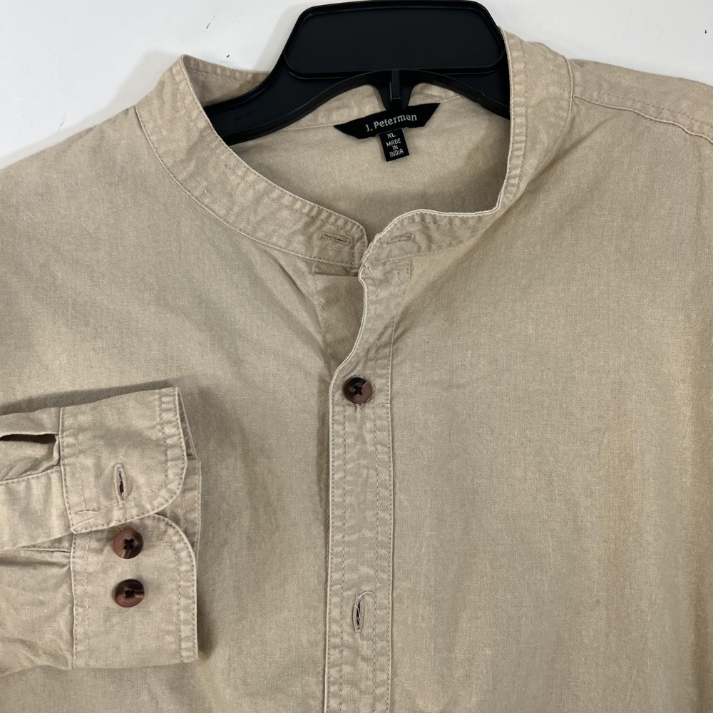 J. Peterman Mock Neck Shirt  XL Beige  Cotton Long Sleeve Band Collar Button Up